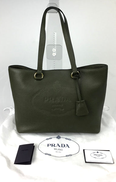 PRADA 1BG100 Militare Vitello Daino Embossed Leather Tote