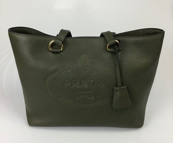 PRADA 1BG100 Militare Vitello Daino Embossed Leather Tote