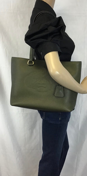 PRADA 1BG100 Militare Vitello Daino Embossed Leather Tote