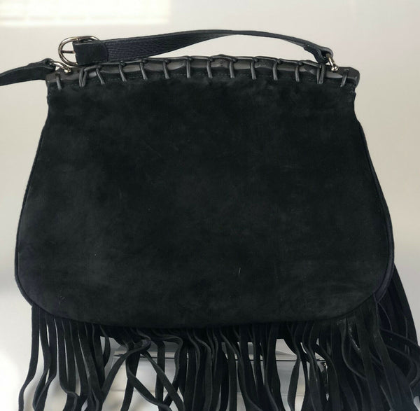 Pre-loved Gucci 347099 Black Suede Leather Nouveau Fringe Shoulder Bag